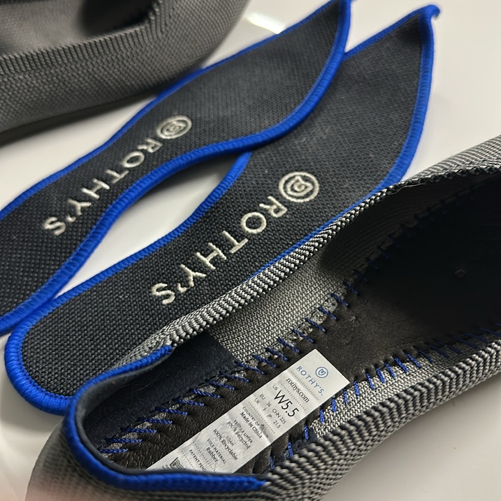 Rothy's Pointed Toe Flats in Charcoal Gray with Blue Trim - Picture 4 of 16